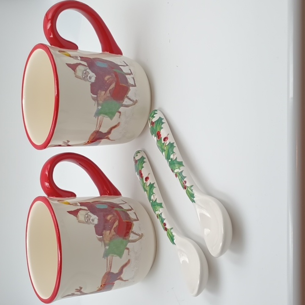 Williams Sonoma Pair Christmas Mugs & Spoons 2011 No Chips Cracks, Some Crazing